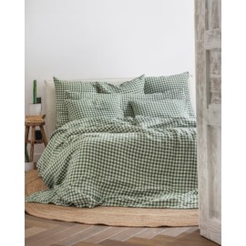 Forest Green Gingham Linen Pillowcase Queen Size, 100% Flax Linen Pillow Covers, Breathable and Cooling Pillow Shams