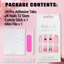 24Pcs Valentines Nails Press on Nails Medium Almond Nails Bows Heart Fake Nails with Nail Glue Pink Glossy Acrylic Nails Design Valentines Black Bows Heart False Nails for Women DIY Manicure