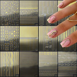 JMEOWIO 12 Sheets Gold Line French Tip Nail Art Stickers Decals Self-Adhesive Nail Supplies Nail Art Design Decoration Accessories