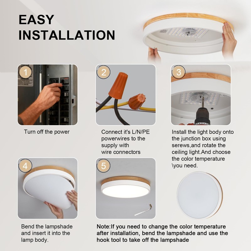 12inch Dimmable Wood led Ceiling Light,Wood Flush Mount Ceiling Light