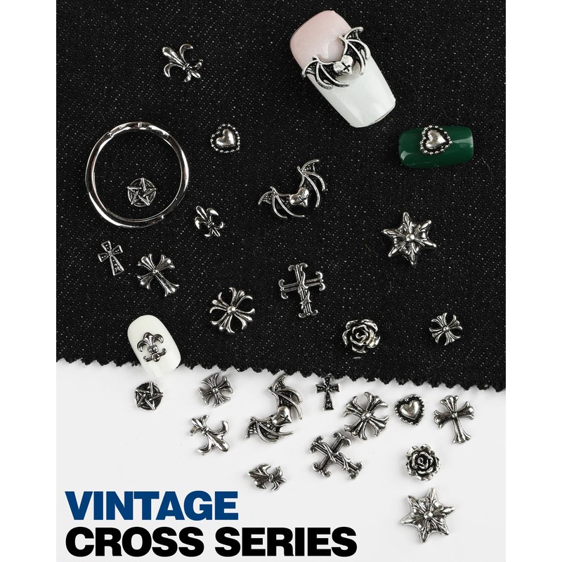 lulir 3D Nail Charms, 120PCS Silver Gothic Cross Nail Art
