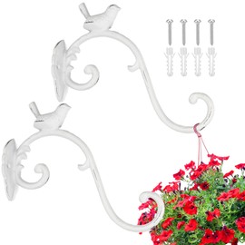 Moxweyeni 2 Pcs Cast Iron Plant Hangers Outdoor 10" Heavy Duty Hanging Basket Brackets Lovely Bird Shape Decorative Wall Hangers for Flower Pots Bird Feeder Wind Chime Lantern(White)