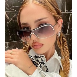 BAODAREN Wrap Around Y2K Metal Sunglasses for Women Trendy Big Rimless Shield Frameless One-piece Sun Glasses Shades BS4000 (Silver Frame/Gradient Grey Lens)