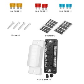 Jtron 6 Way Car Fuse Box for ATO/ATC 1-20A Fuse DC 32V M5 Screw Connector Fuse Holder with Fuse (6 Way-with Negative)
