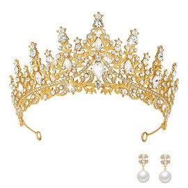 Molirex Crowns for Women Gold Birthday Princess Crystal Tiara Wedding Bridal Hair Accessories Prom Pageant Party Headpiece with Earrings