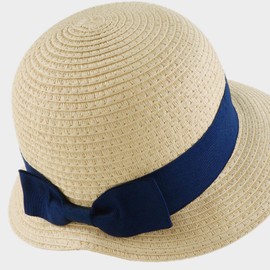 JANGANNSA Baby Girl Straw Hat Outdoor Baby Sun Protection Hats Summer Bowknot Beach Cap for Infant Toddler Girls(Navy Bow-Beige,2-5 Years)