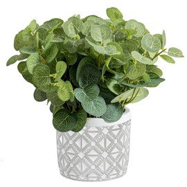 MyGift Artificial Eucalyptus Round Leaf Plant, Faux Bushy Green Leaves Potted in Gray Concrete Pot with Geometric Embossed Pattern, Indoor Home Table Decor