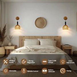 Zlierop Rattan Wall Sconce, Wall Sconces Set of Two Battery Operated with Remote Control, 3 Colors Dimmable,Boho Upgrade Rechargeable Sconces Set of 2 for Bedroom, Living Room, Entryway (Black)