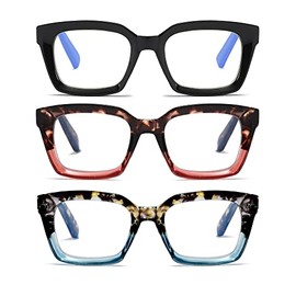 3 Pack Oversize Square Design Reading Glasses for Women ,Fashion Readers with Spring Hinge (Black&Blue sunset&Pink sunset, 1.5)