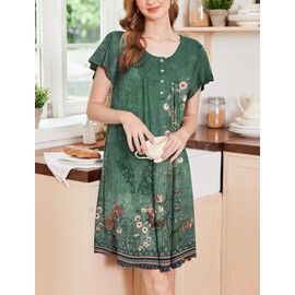 Ekouaer Nightgowns for Women Short Sleeve House Dress with Pockets Floral Print Mumu Dress,Floral Green,L