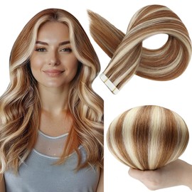 Full Shine Human Hair Extensions Tape in Color 330P800 Highlighted Blonde Hair Extensions for Women Real Human Hair 50 Grams 20 Pieces Seamless Tape in Extensions 20 Inch