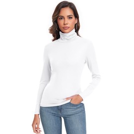 Qaffier Womens Long Sleeve Turtleneck Lightweight Slim Active Shirts White Large