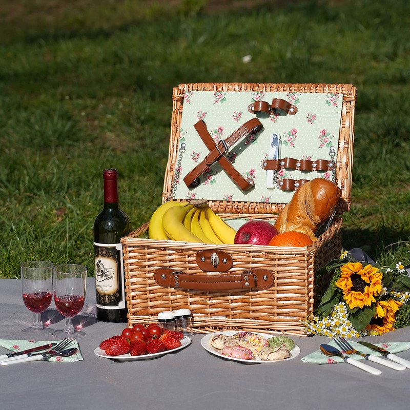 Wicker Picnic Basket for 2, Handmade Willow Hamper Basket Sets