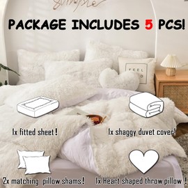 MorroMorn Luxury Shag Fluffy Comforter Cover Set, Shaggy Faux Fur Duvet Cover Sets - 5 Pcs Plush Quilt Cover Pillowcases Velvet Fitted Sheets, Fuzzy Ultra Soft for Full Queen Size Bed White