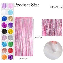 Pink Foil Fringe Tinsel Backdrop Glitter,2pcs 3.2ft x 6.5ft Pink Foil Curtain Decoration,Laser Foil Fringe Metallic Tinsel Door Hanging Foil Flow Silk Streamers for Birthday Wedding Holiday Party