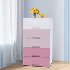 SanBouSi 5 Drawers Plastic Drawers Dresser, Tall Standing Organizer Unit with Wheels Chests Storage Closet Cabinet Clothes Toys Snacks Organizer Storage Tower (Pink)