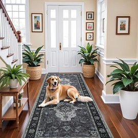 Runner Rug for Hallways Kitchen Rugs Non Slip 2x6 Washable Rugs with Rubber Backing Water Repellent Floor Carpet Low Pile Soft Floral Carpet for, Laundry, Bedroom, Bathroom Black/Grey