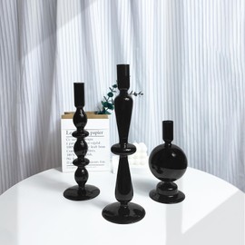 Candle Holders,Candlestick Holders,Black Glass Candle Holder Taper Candle Holders Retro Candlestick Holder Table Top Candle Holder for Table Centerpiece Modern Decor for Wedding and Party (Color : Bl