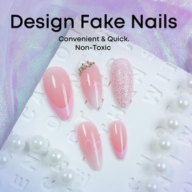 24Pcs Valentines Press on Nails Short Almond Fake Nails Pink Heart with Rhinestones Glitter Full Cover Tip Glue on Nails Artificial French Tip False Nails for Women Girls Acrylic Manicure Salon
