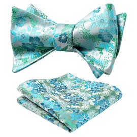 HISDERN Men's Bow Tie Floral Self Bow Tie and Pocket Square Set Flowers Jacquard Bow Tie Set for Wedding Celebration, Aqua / green, Unit size