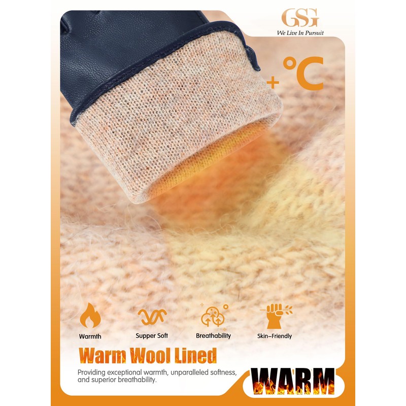 GSG SINCE 1998 Womens Chrome-free Leather Gloves Touchscreen Sheepskin Wool