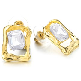 Stylish Gold Tone Statement Stud Earrings Twisted Square Frame with Sparkling Crystal, Alloy Steel, No Gemstone