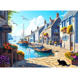 500 Piece Puzzle for Adults, Charming Coastal Village 500 Pieces Jigsaw Puzzles, Seaside Harbor with Cat Puzzle, Perfect for Family Game Night, Ideal Gift for Adults, Kids, Seniors, 20.5 x 15 in