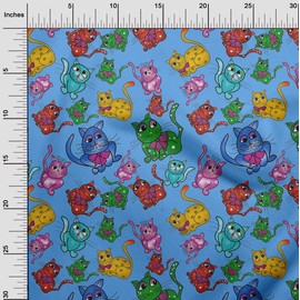 oneOone Cotton Flex Medium Blue Fabric Kitten Cats Animal Fabric for Sewing Printed Craft Fabric by The Meter 40 Inch Wide