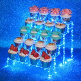 DIWNELEM 5 Tier Acrylic Risers Acrylic Display Stands Acrylic Display Case Dessert Display Cupcake Stand Display Shelf for Countertop Organizer Collections and Cosmetics with Blue LED Light