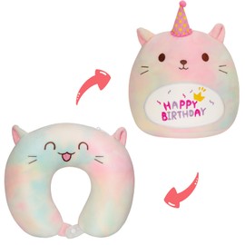 Kids Travel Pillow, 2-In-1 Kids Neck Pillow, Reversible Plush Cat Neck Pillow & Cat Plush Pillow, Kids Neck Pillows for Travel Comfortable in Airplane, Car, Train, Nap, Reading, Birthday Plush Toy