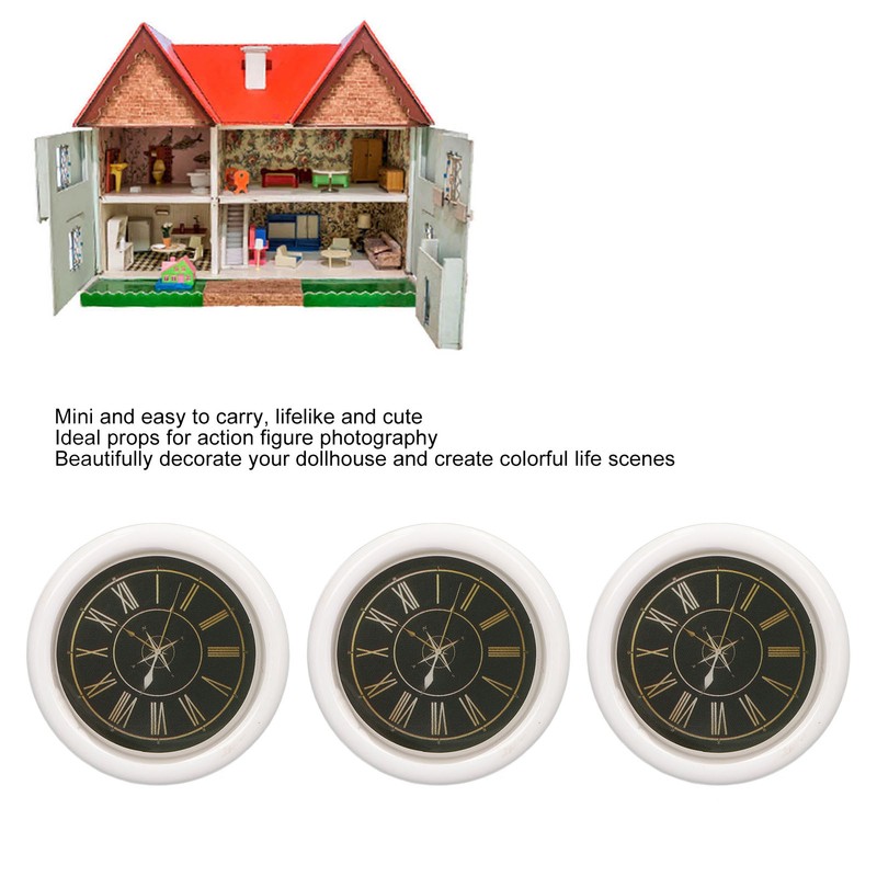 3 PCS Dollhouse Wall Clock 1:12 Dollhouse Miniature Round Wall
