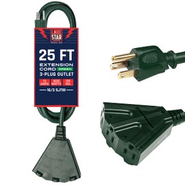 Lone Star 3 Outlet Outdoor Extension Cord 25 ft, 16/3 Weatherproof 25’ Green Extension Cord with Multiple Outlets 3 Prong, 13 AMP Heavy Duty Exterior Power Cable Multi Plugs for Landscaping & Lawn
