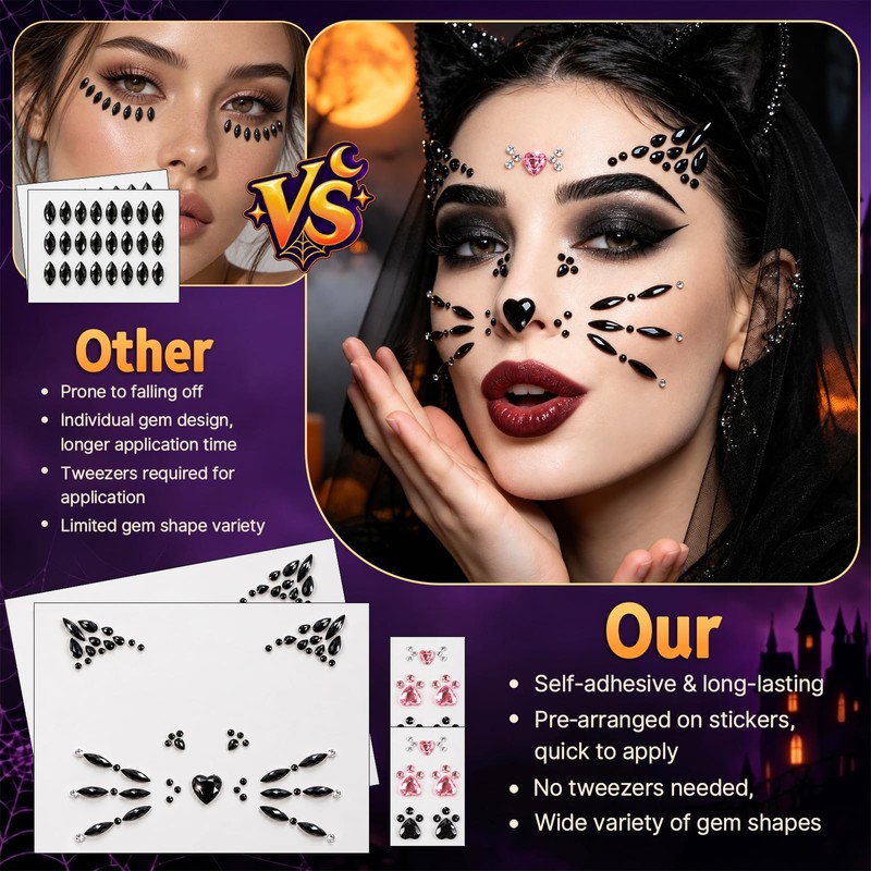 4Pcs Crystal Cat Face Gems Stickers, Halloween Cat Print Gem