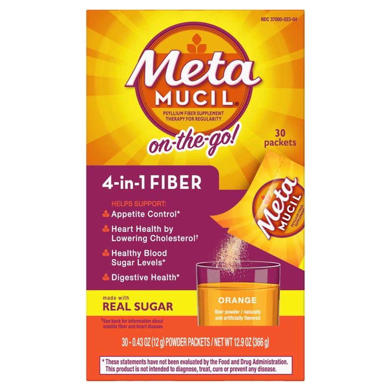 Metamucil On-the-Go, Daily Psyllium Husk Powder Supplement with Real Sugar,