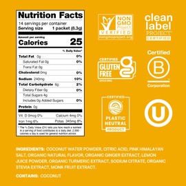 Cure Hydration | Plant-Based Electrolyte Drink Mix | No Added Sugar | FSA-HSA | Dehydration Relief Powder Made with Coconut Water | Non-GMO | Vegan | Pouch of 14 Packets - Ginger Turmeric