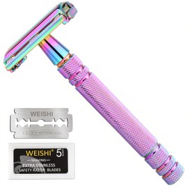 WEISHI Butterfly Open Double Edge Safety Razor for Men and Women, Elegant Rainbow Color Handle with 5 Stainless Razor Blades Included, Reusable Wet Shave Tool for Smooth, Close Shave