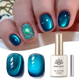 Born Pretty Cat Magnetic Eye Gel Nail Polish, Sea Blue Crystal Cat Magnetic Gel Nail Polish, Holographic Magnetic Nail Polish for Nail Art Manicure Salon DIY at Home 15ML