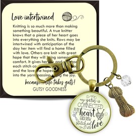 Gutsy Goodness Knitting Keychain Yarn is Connected Heart Knitters Quote Jewelry Yarn Ball Charm