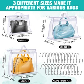 Chumia 20 Pack Dust Bags for Handbags Clear Handbag Storage Organizer, 3 Sizes Purse Storage Organizer for Closets Dust Cover Purse Protector Bag with Zipper and Handles with 25 Pcs S Hooks(White)