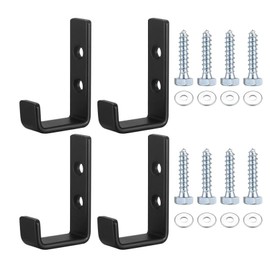 Qeapug Pack of 4 Heavy Duty Wall Hooks, J Shape Garage Hooks, Black Universal Hooks for Screws, Coat Hooks, Heavy Duty, for Hanging, Garage, Bulky Items Wall Mount