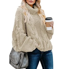 Dokotoo Womens Winter Fall Casual Turtleneck High Neck Long Sleeve Cable Knit Chunky Sweaters Pullover Outerwear Beige Large
