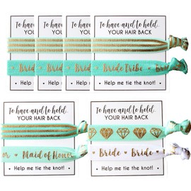 Tarjetas de corbata para el pelo de la tribu de novia. Para tener y sostener, tu cabello hacia atrás. Ayúdame a atar el nudo. Soltera, despedida de soltera, regalos de fiesta para damas de honor (paquete de 6, menta y dorado)