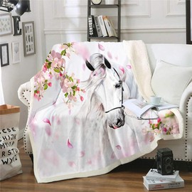 Tbrand White Horse Cuddly Blanket Pink Flowers Fleece Blanket Watercolour Wild Animal Design Blanket 130 x 150 cm for Bed Sofa Couch Bedroom Decor Wildlife Flannel Fleece Blanket