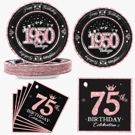 algpty 60 PCS Vintage 75th Birthday Plates and Napkins Set, 75th Birthday Decorations Rose Gold, Service for 30, 1950 Birthday Dessert Plates and Napkins Party Supplies for Women