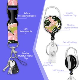 Tropical Palm Leaves Badge Holder with Retractable Reel Clip,Boho Flowers Lanyards for Id Badges,Plastic Case with Carabiner Clip Vertical ID Card Protector for Women Student Office Gifts