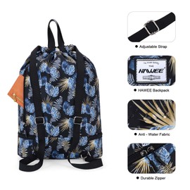HAWEE Waterproof Drawstring Backpack with Inner Pocket Large Gym Bag Drawstring Daypack Drawstring Bag Sports Bag Unisex for Women Men Travel Everyday School Outdoor Yoga Swimming Beach, Blue leaves,