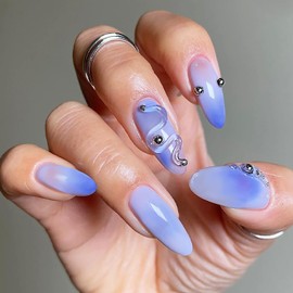 Almond Press on Nails Pointed Fake Nails Acrylic Stick on Nails 3D Snake Design Pattern with Silver Rhinestones Press on Nails Marble Blue Full Cover False Nails for Women Girls 24Pcs