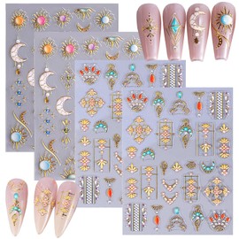 4 Sheets Sun Moon Nail Art Stickers, 5D Embossed Bohemian Style with Pearl Design Spring Summer Nail Supplies Gold Lace Self Adhesive Nail Art Decals for Women Girls DIY Manicure Decorations