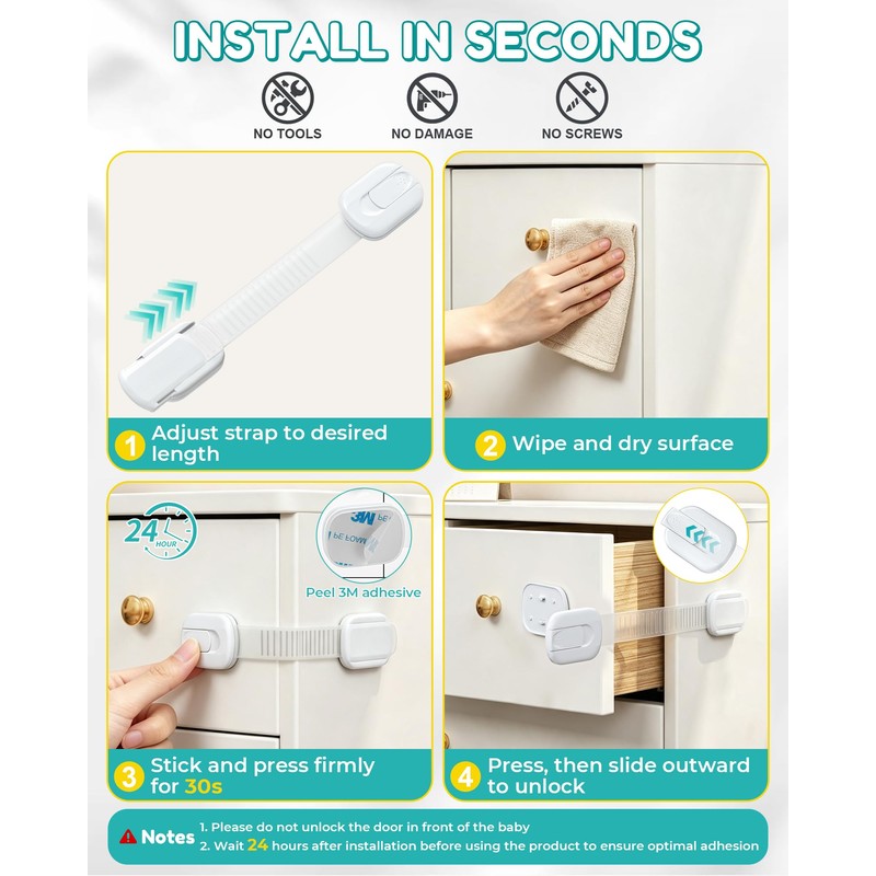 Cabinet Locks Baby Proofing - 14 Pack Child Safety Latches