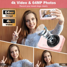 Digital Camera, 4K 64MP, 18X Zoom, Point and Shoot Digital Camera with 64GB SD Card & 2 Batteries, Portable Rechargeable Small Camera for Kids Teens Adult, Pink